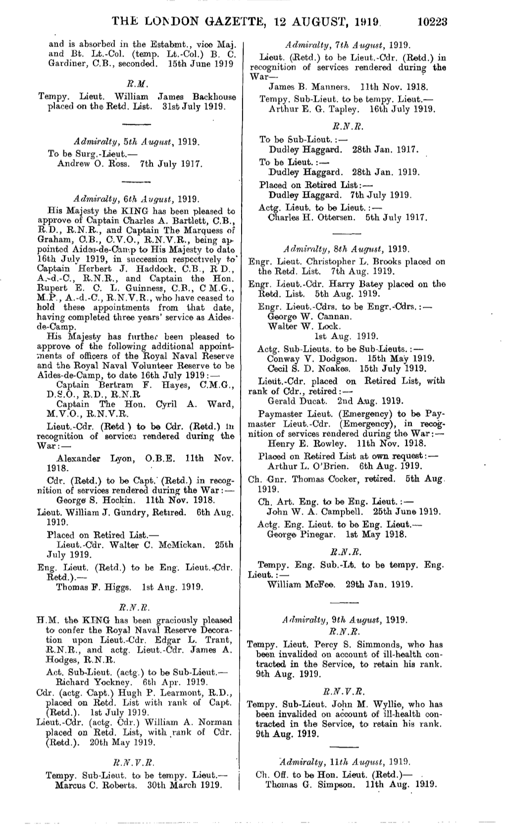 The London Gazette, 12 August, 1919 10223