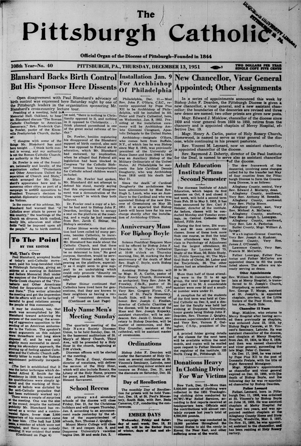 Other {Assignments — » ! ; - ; J : ' ;V ; R J ' ^ [Ffl^F^Gflll^ Open Disagreement with Paul Blanshard's Advocacy of Philadelphia, Dec