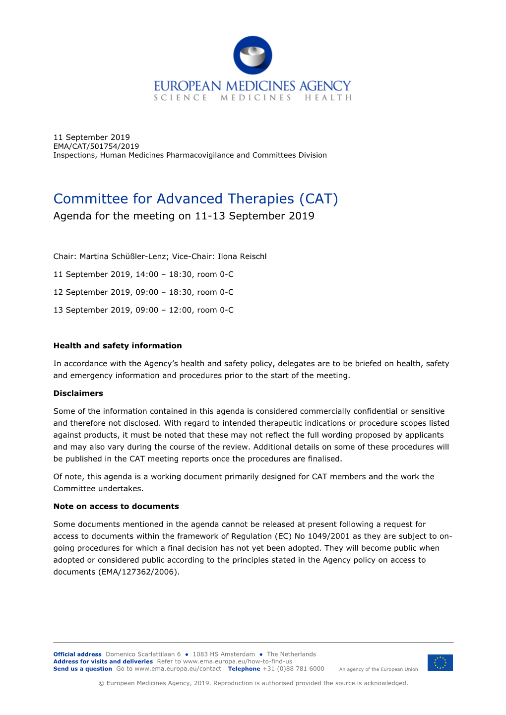 (CAT). Agenda for the Meetting on 11-13 September 2019