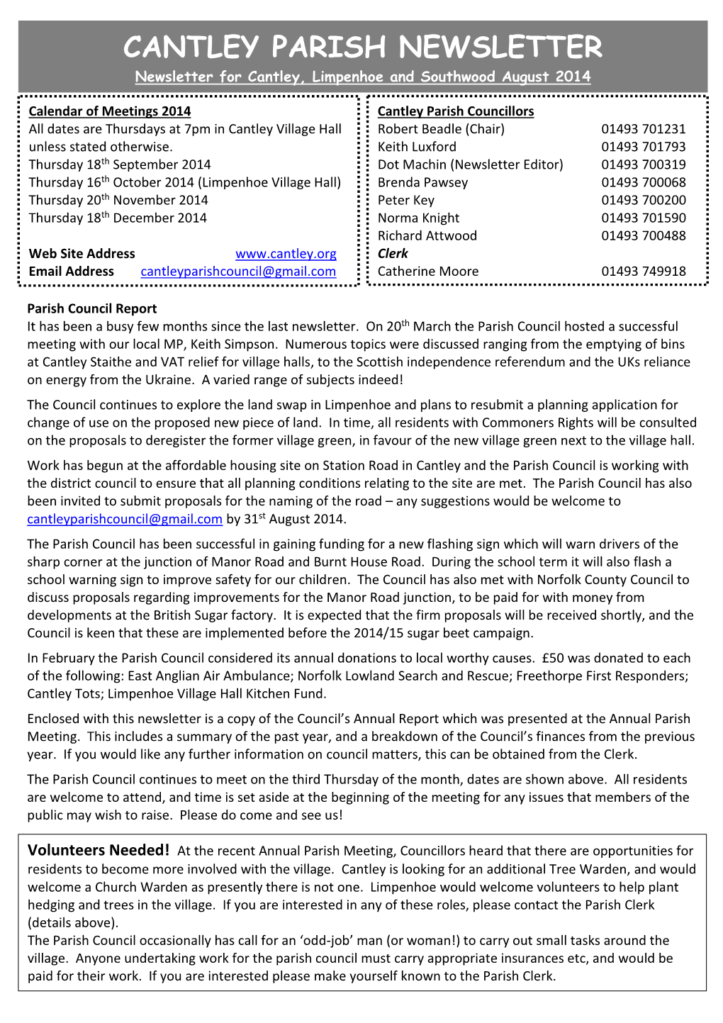 CANTLEY PARISH NEWSLETTER Newsletter for Cantley, Limpenhoe and Southwood August 2014