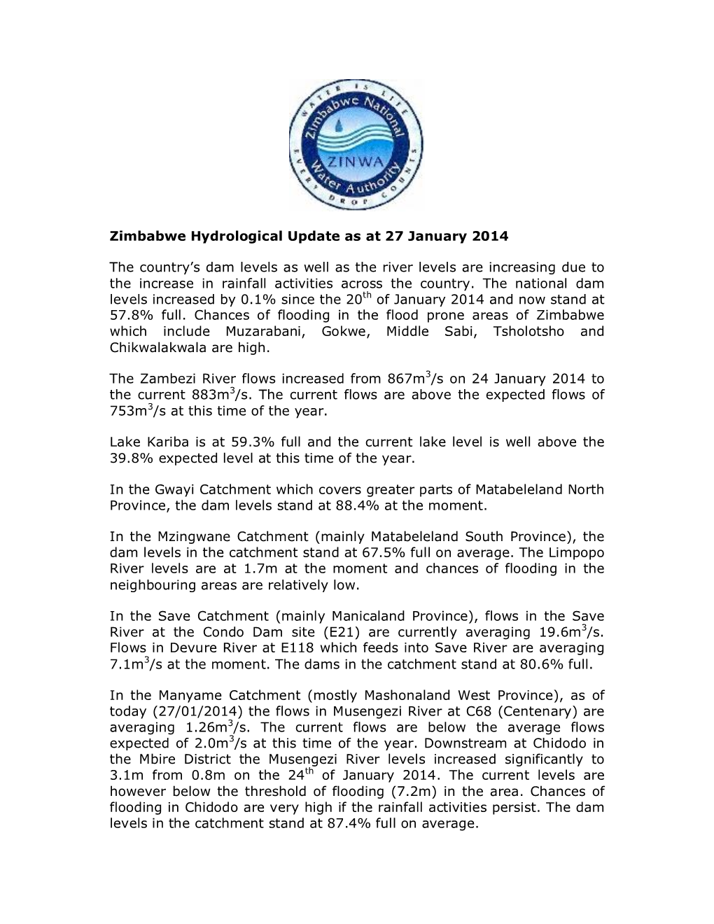 Zimbabwe Brief Hydrological Update 27 January 2014.Pdf