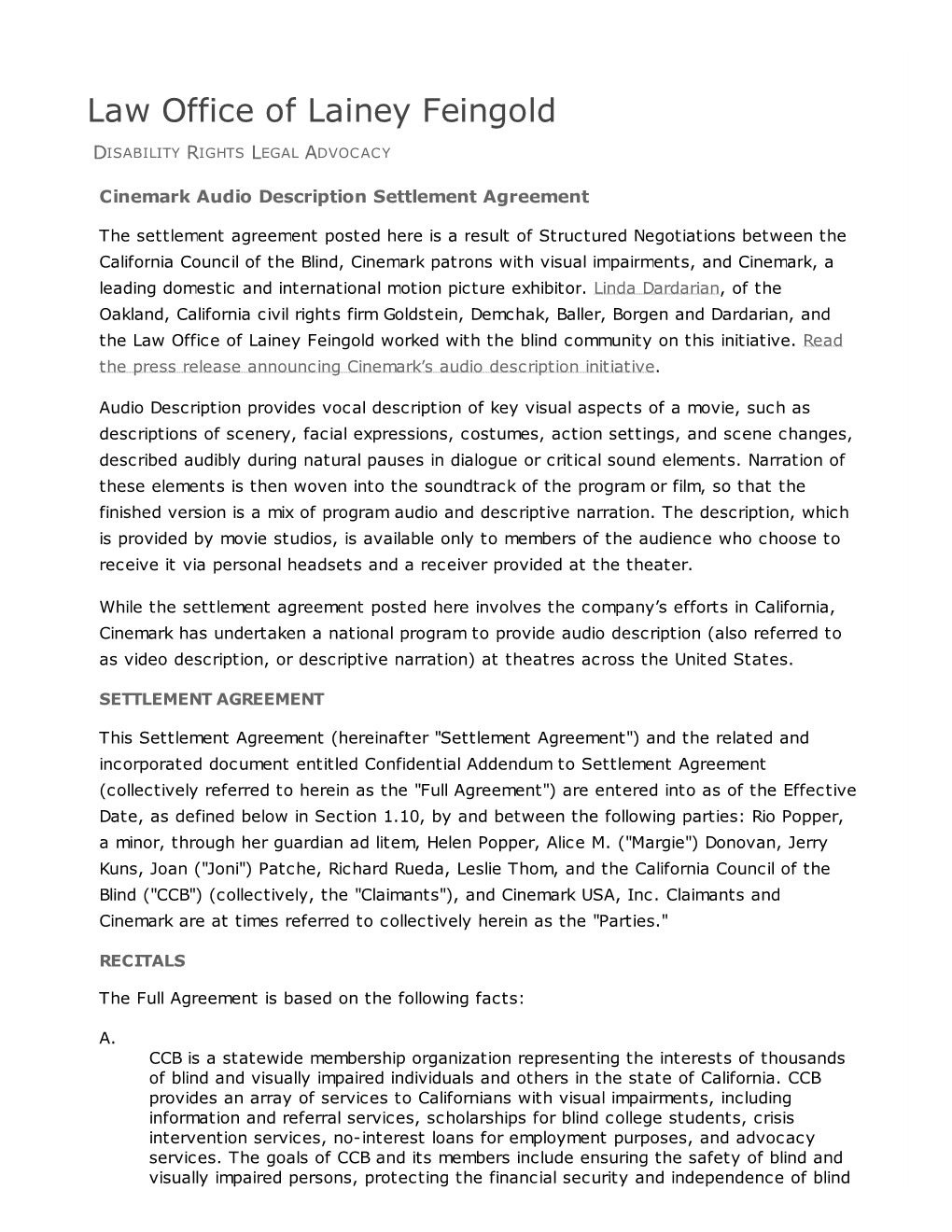 Cinemark Audio Description Settlement Agreement