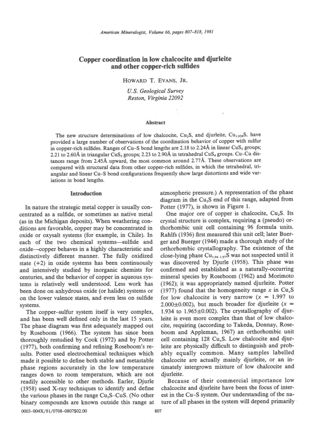 Copper Coordination in Low Chalcocite and Djurleite . and Other Copper-Rich