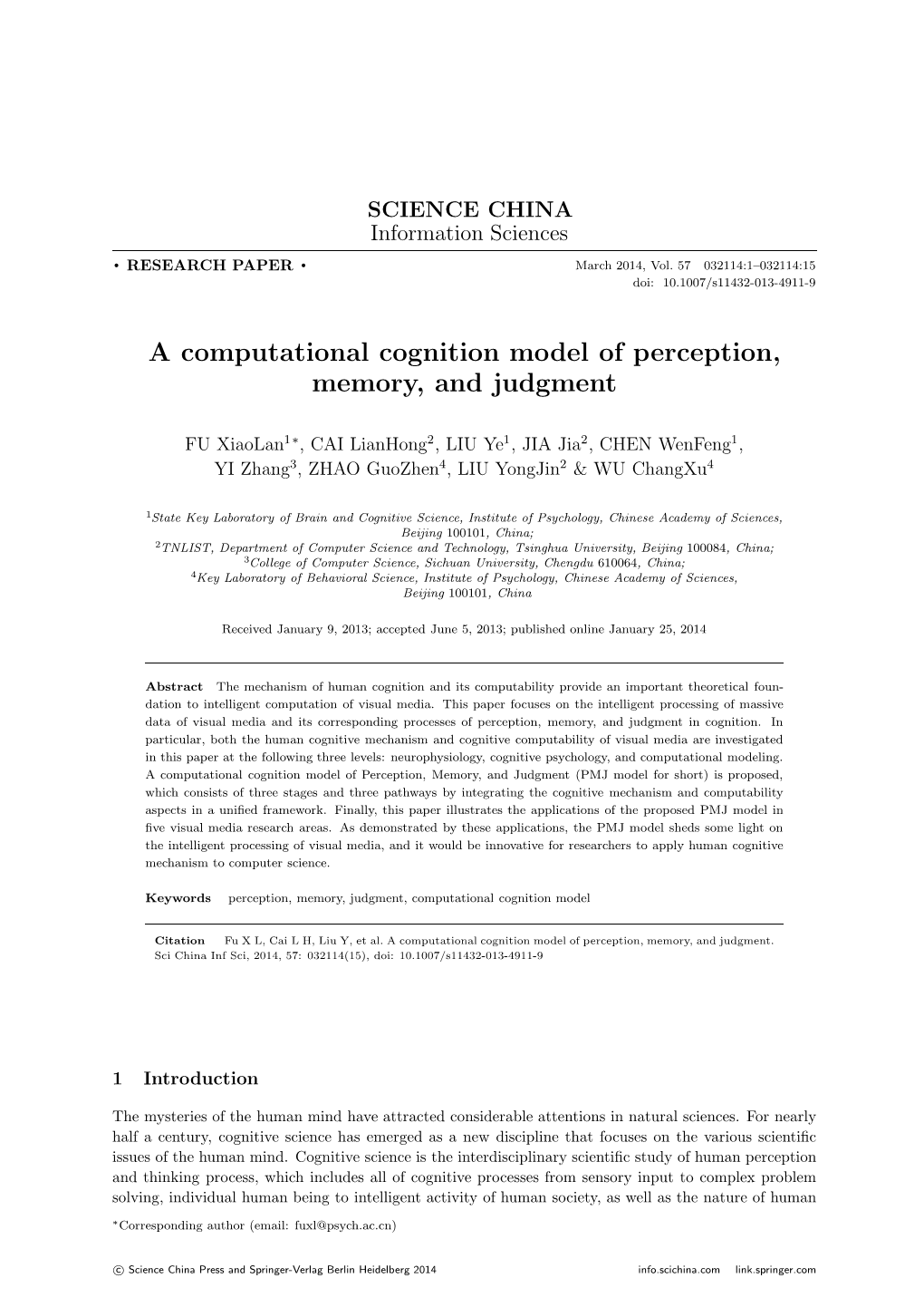 A Computational Cognition Model of Perception, Memory, and Judgment