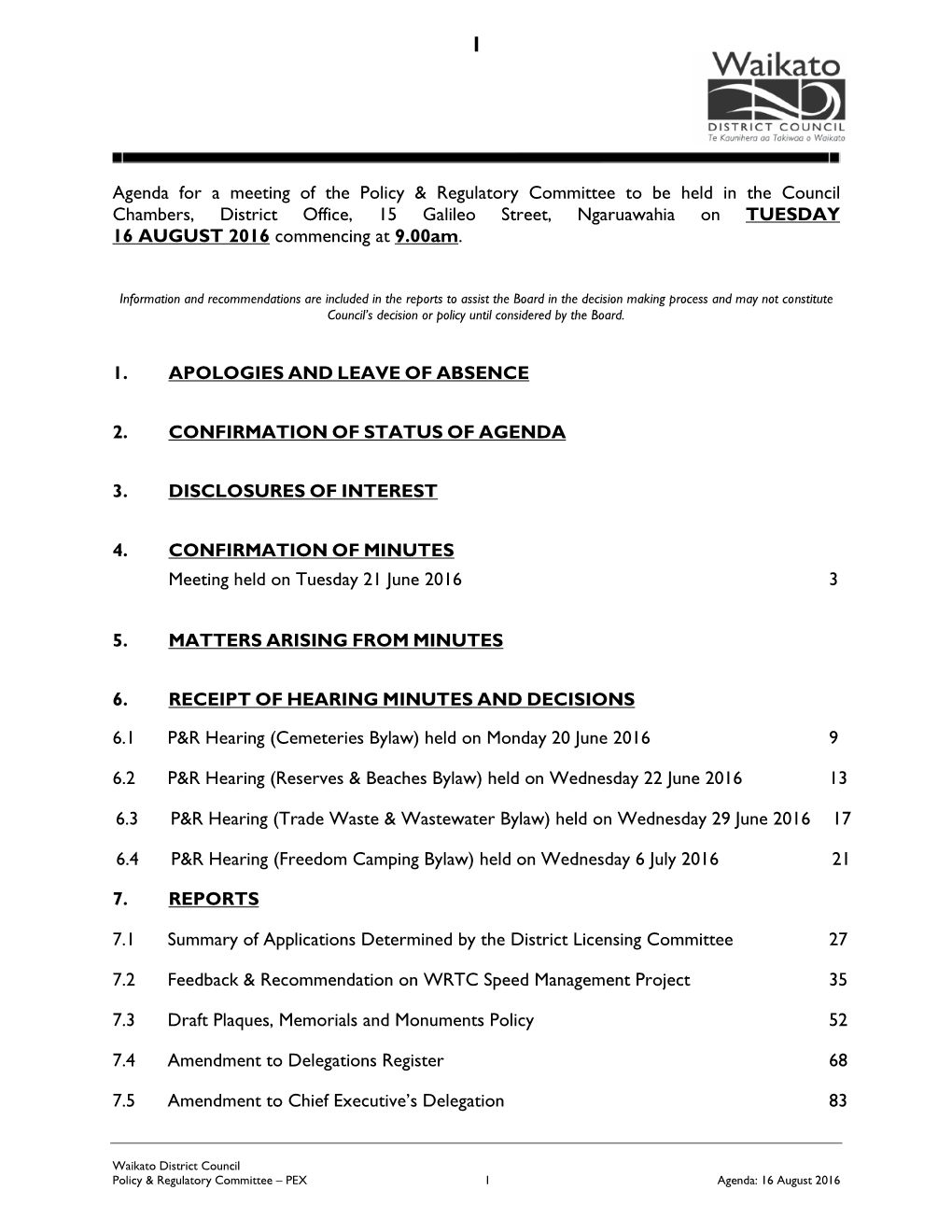 Agenda for a Meeting of the Policy & Regulatory Committee to Be Held In