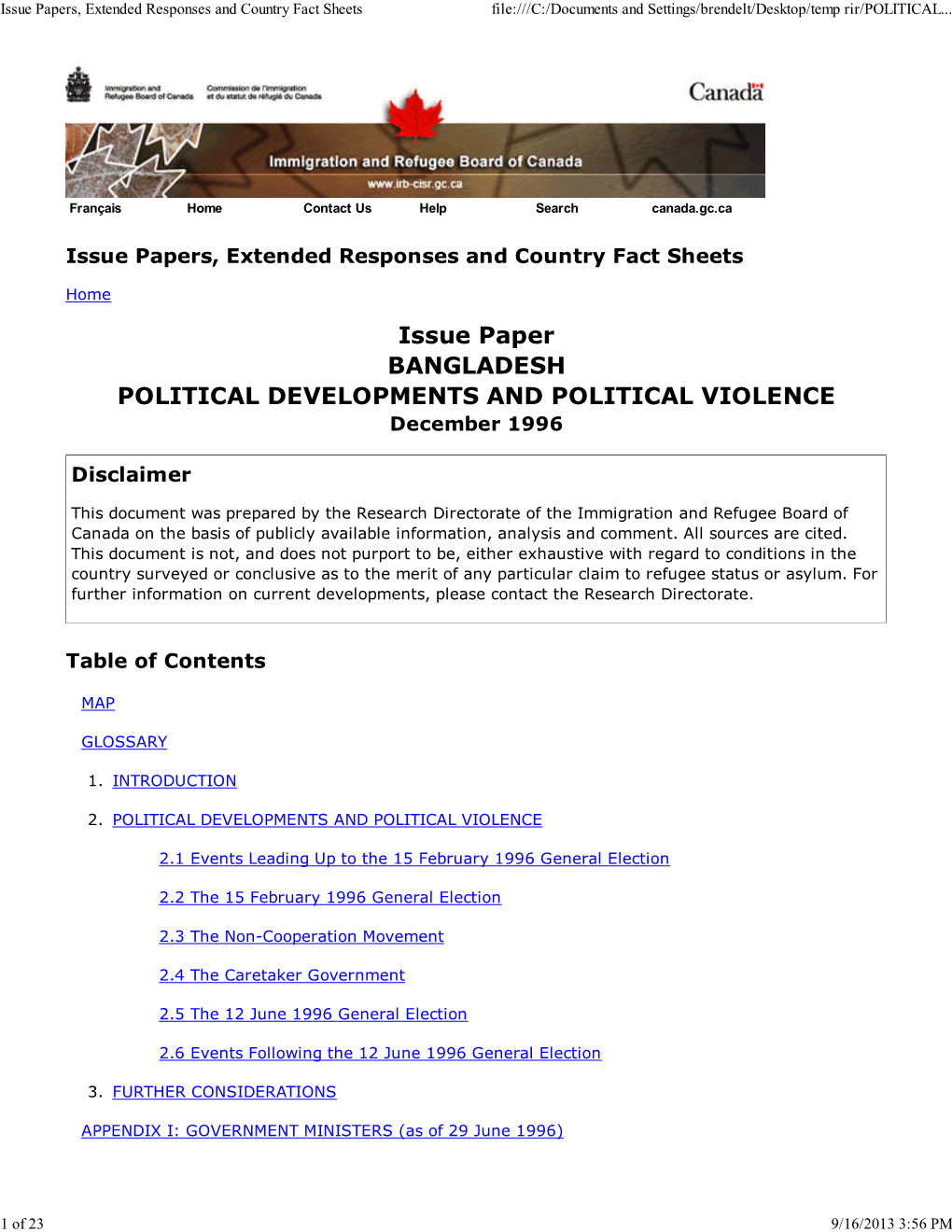 Issue Paper BANGLADESH POLITICAL DEVELOPMENTS and POLITICAL VIOLENCE December 1996