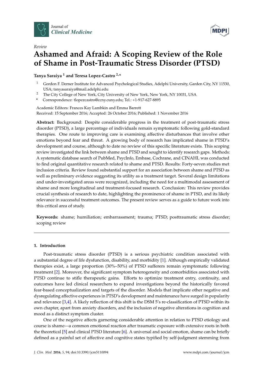 A Scoping Review of the Role of Shame in Post-Traumatic Stress Disorder (PTSD)