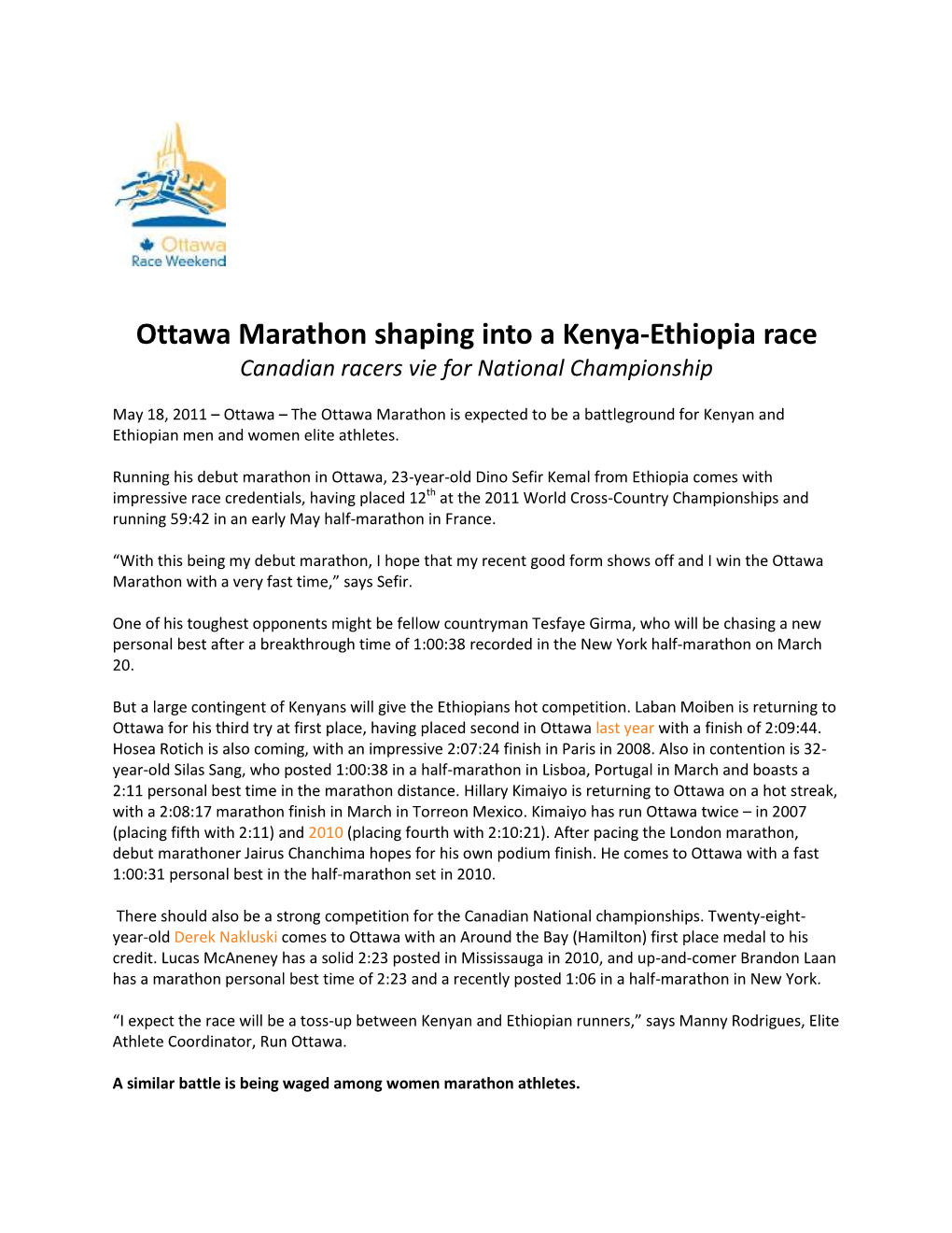 Ottawa Marathon Shaping Into a Kenya-Ethiopia Race Canadian Racers Vie for National Championship