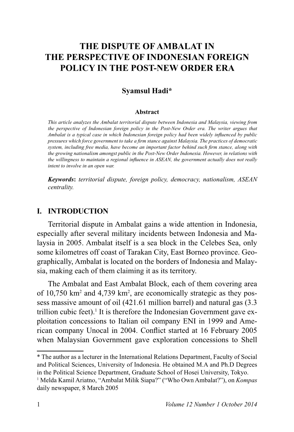 The Dispute of Ambalat in the Perspective of Indonesian Foreign Policy in the Post-New Order Era