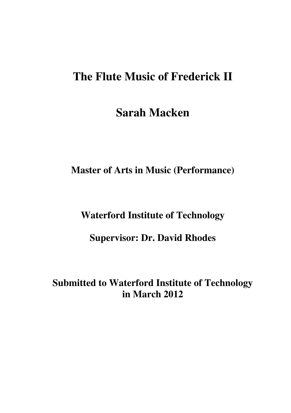 The Flute Music of Frederick II Sarah Macken