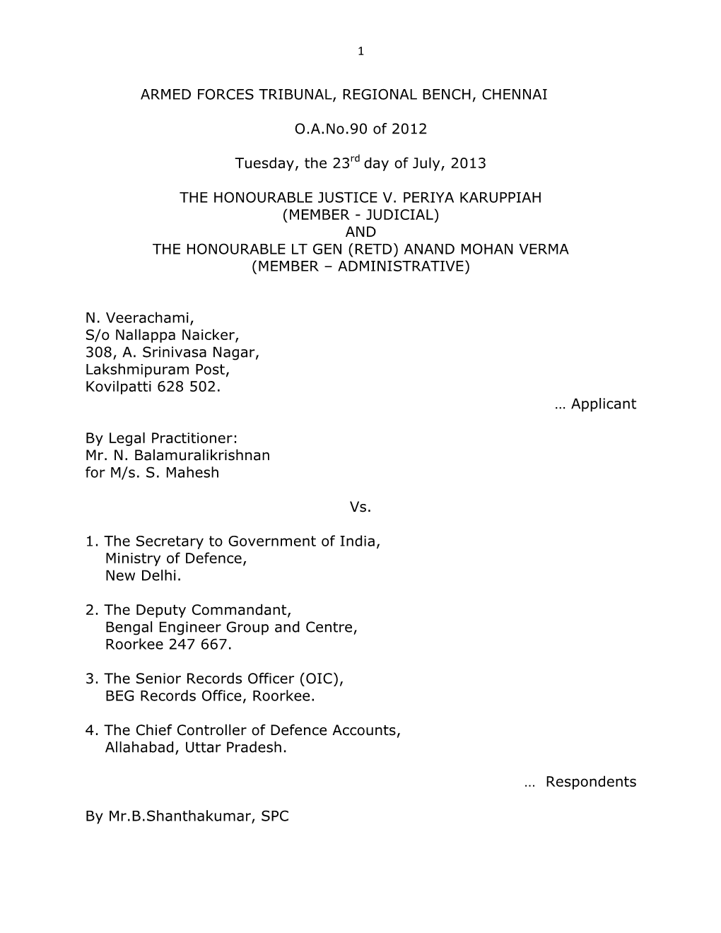 Armed Forces Tribunal, Regional Bench, Chennai O.A