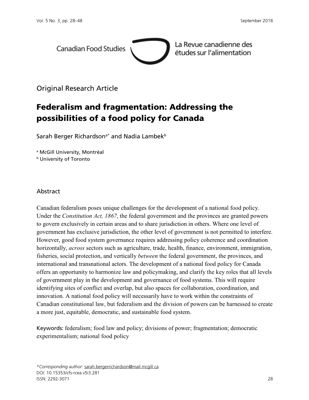 Federalism and Fragmentation: Addressing the Possibilities of a Food Policy for Canada