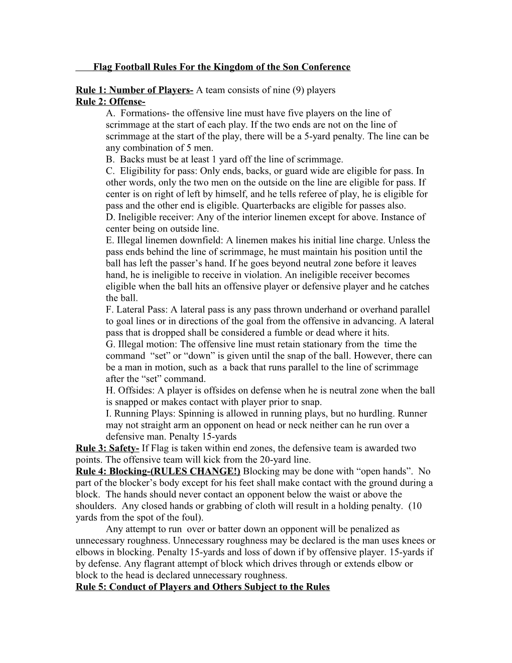 Flag Football Rules for the Kingdom of the Son Conference