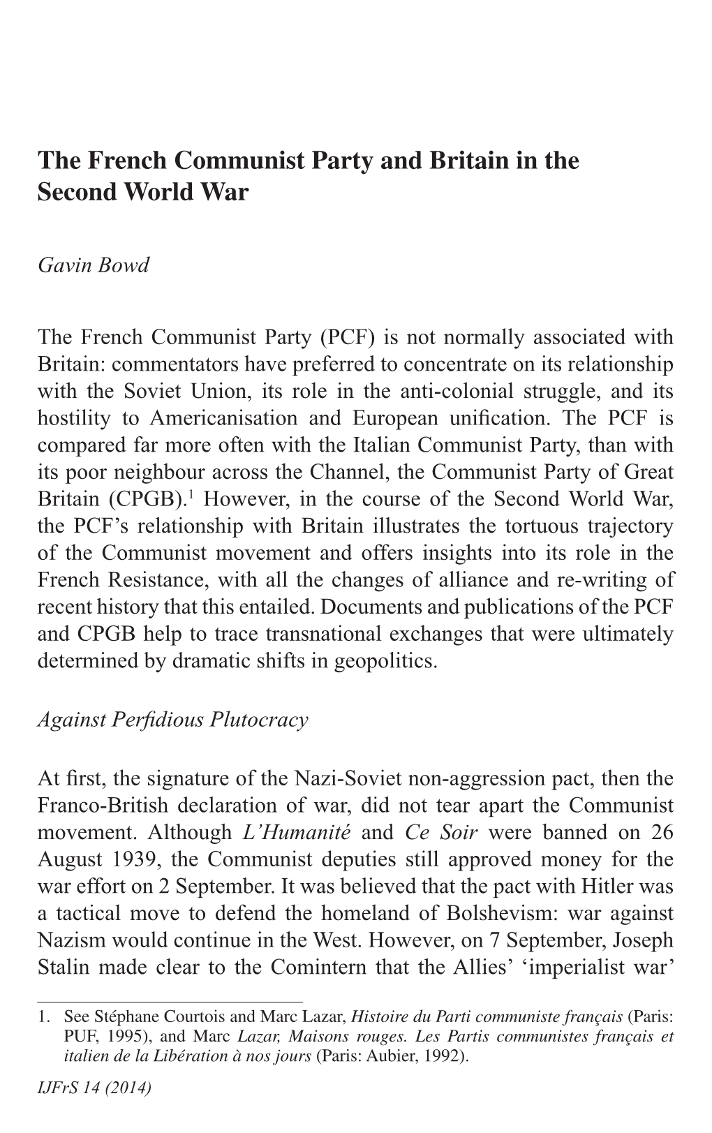 The French Communist Party and Britain in the Second World War