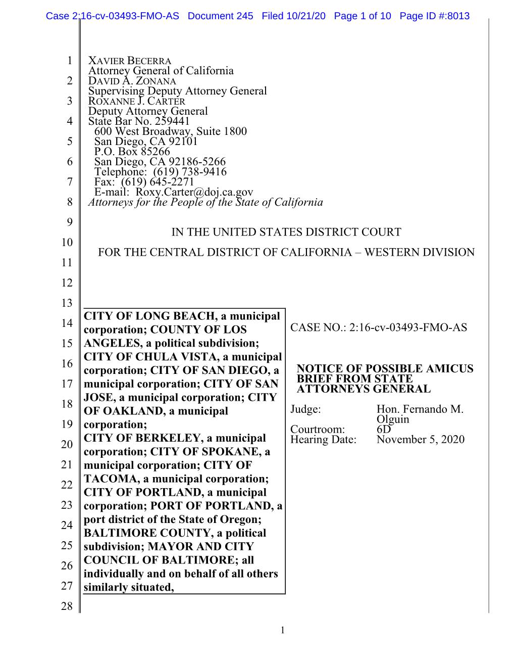 Letter Attached 21 Hereto As Exhibit a in Order to Provide the Court Notice in Advance of the November 22 5, 2020 Preliminary Approval Hearing of Their Concerns