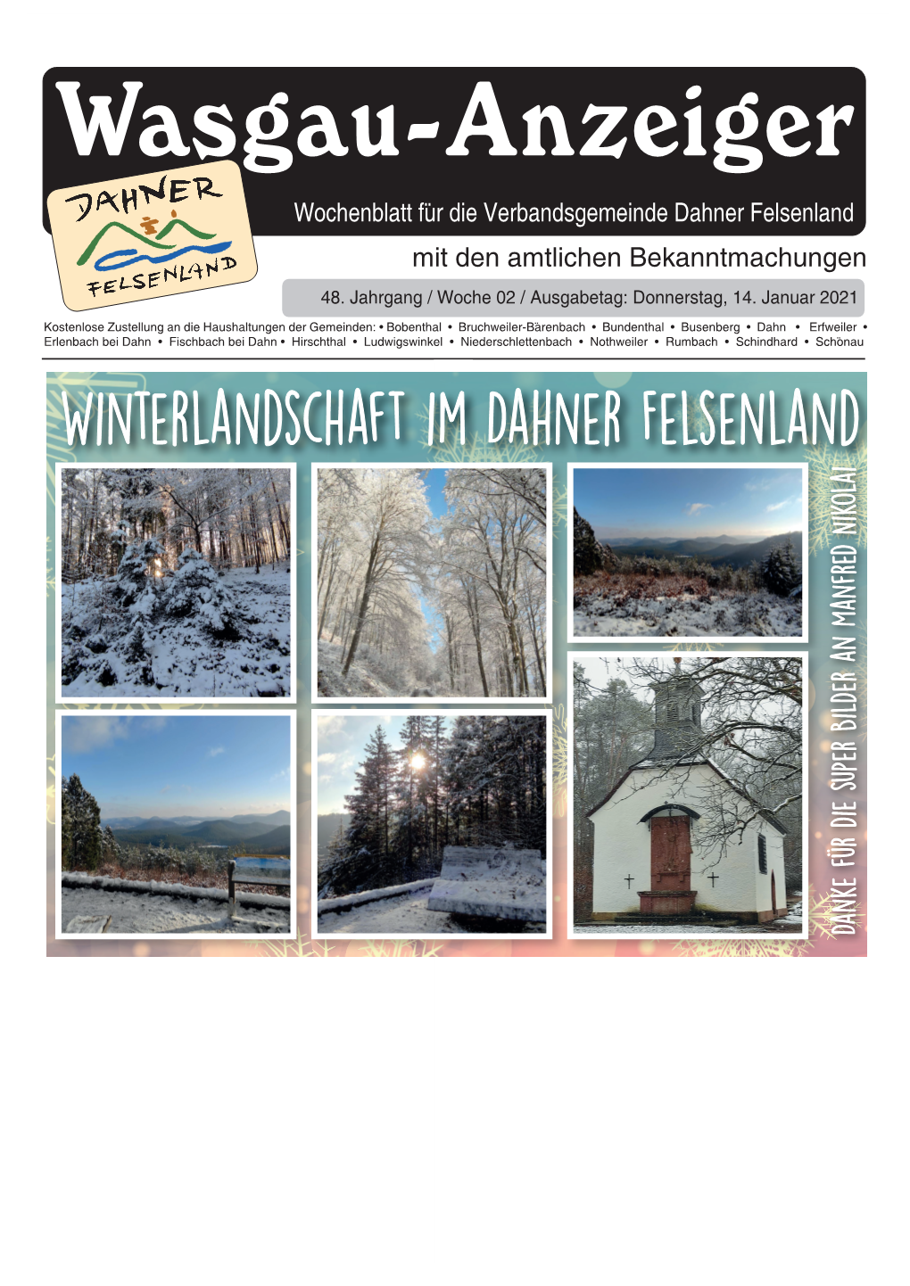 Wasgau-Anzeiger« 14. Januar 2021 1 Wasgau-Anzeiger Wochenblatt Für Die Verbandsgemeinde Dahner Felsenland Mit Den Amtlichen Bekanntmachungen 48