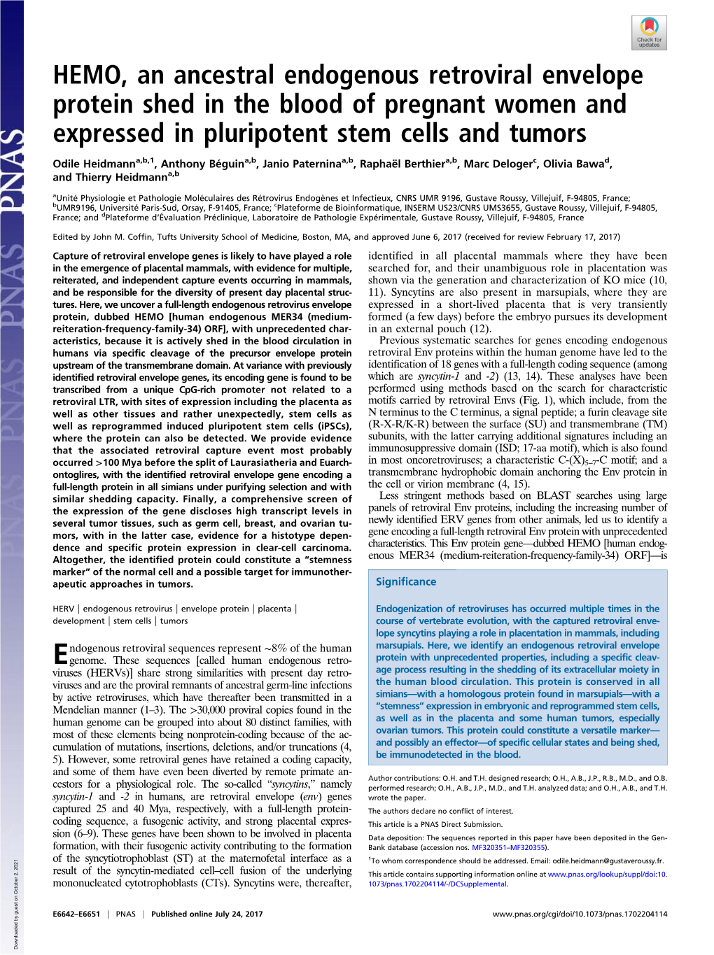 HEMO, an Ancestral Endogenous Retroviral Envelope Protein Shed in the Blood of Pregnant Women and Expressed in Pluripotent Stem Cells and Tumors