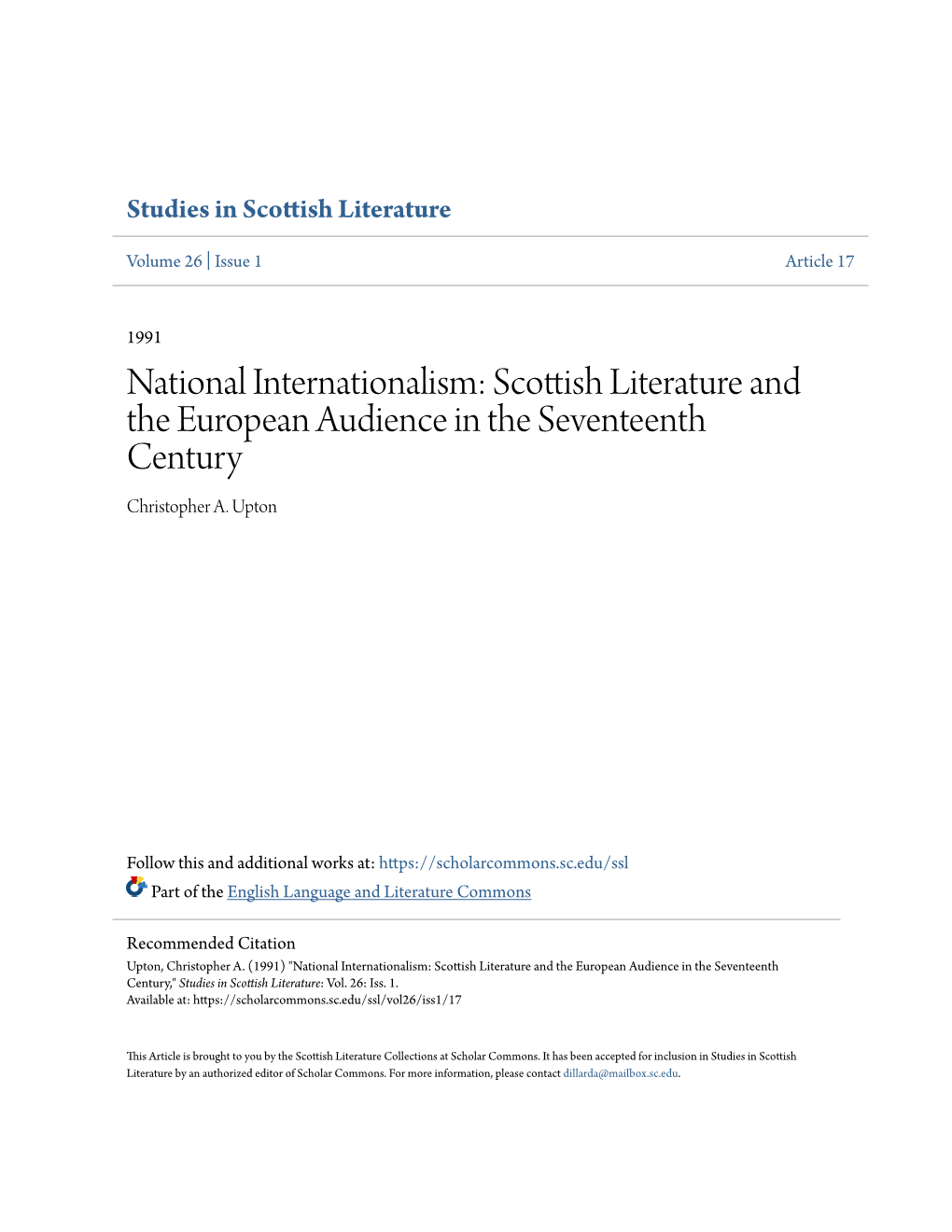 Scottish Literature and the European Audience in the Seventeenth Century Christopher A