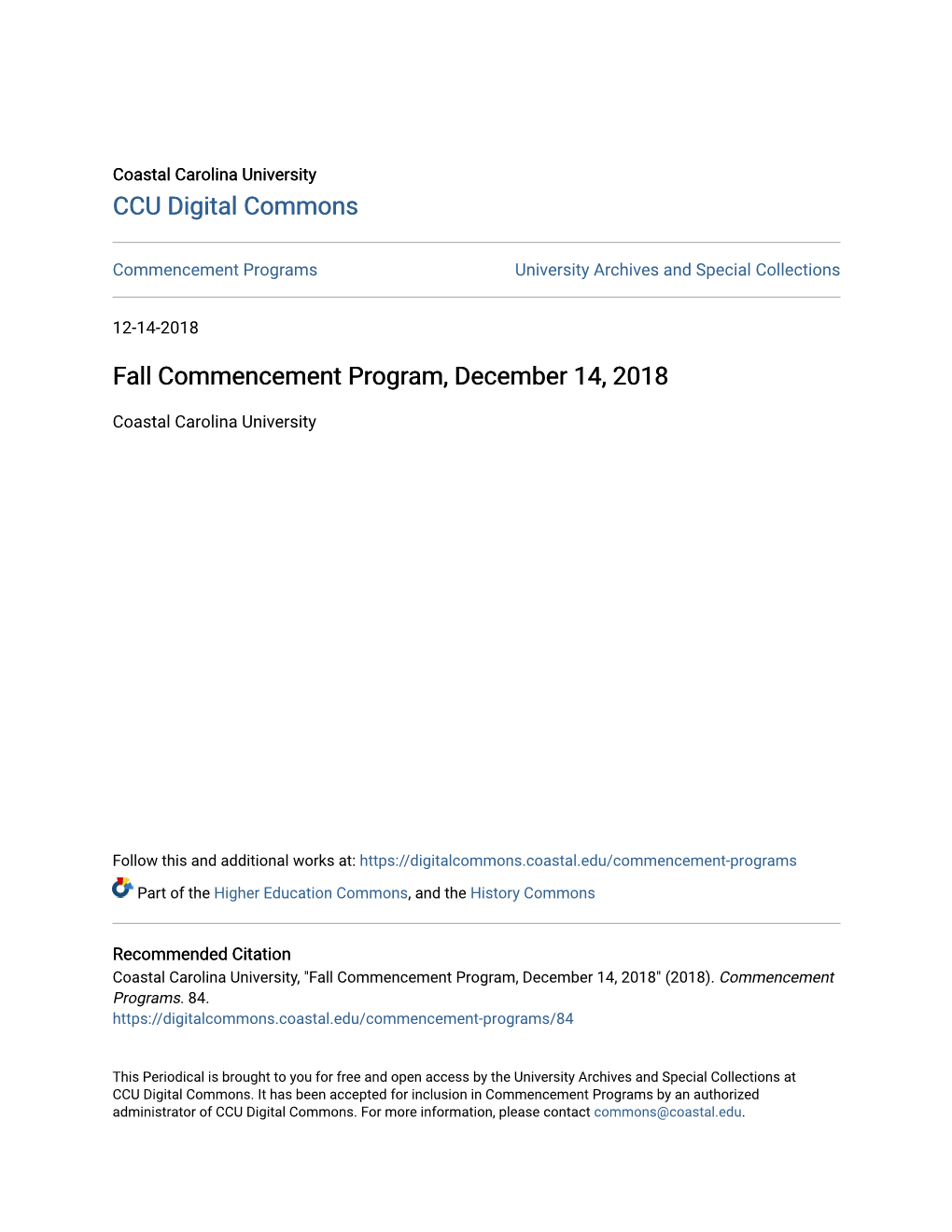 Fall Commencement Program, December 14, 2018
