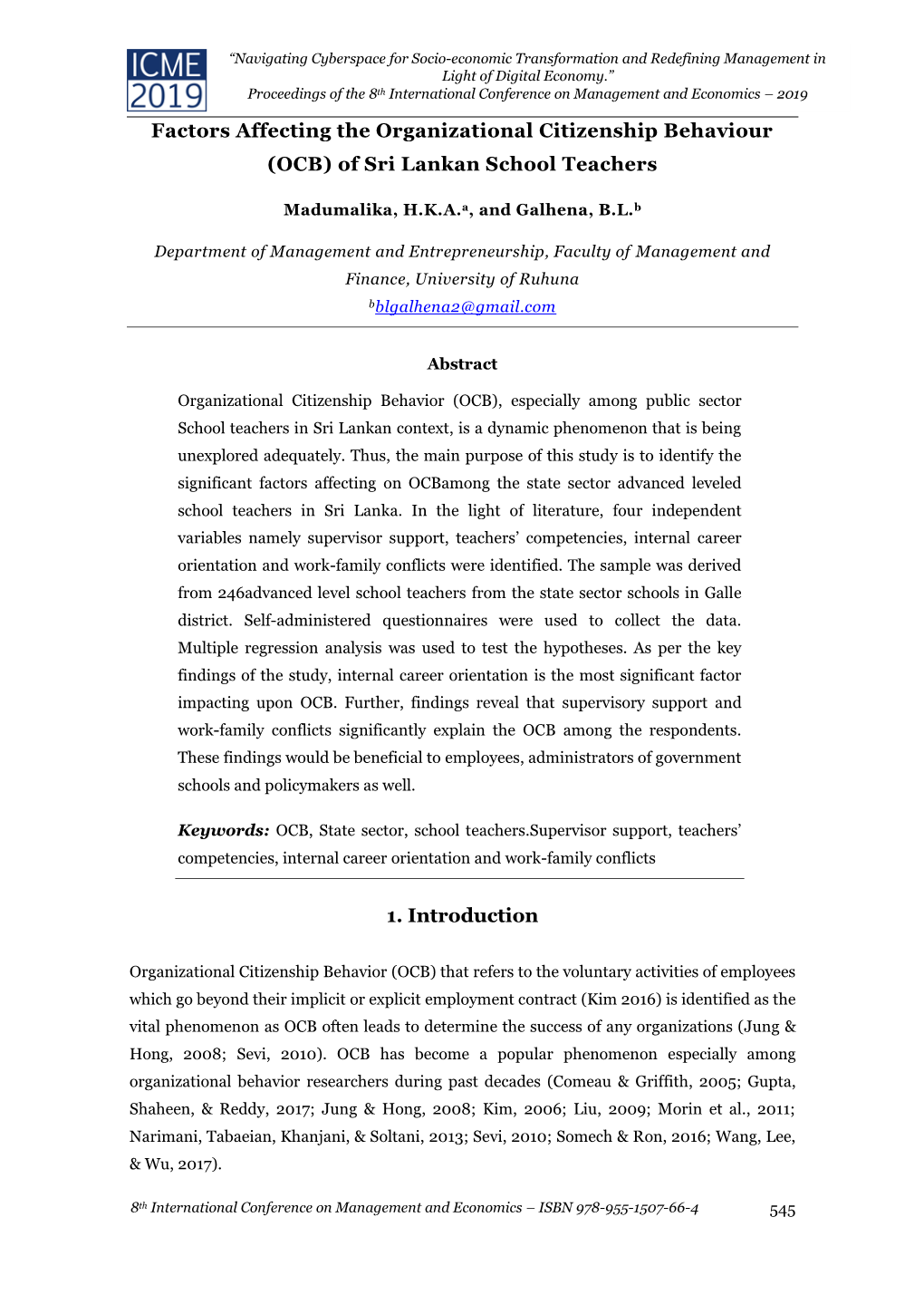 Factors Affecting the Organizational Citizenship Behaviour (OCB) of Sri Lankan School Teachers