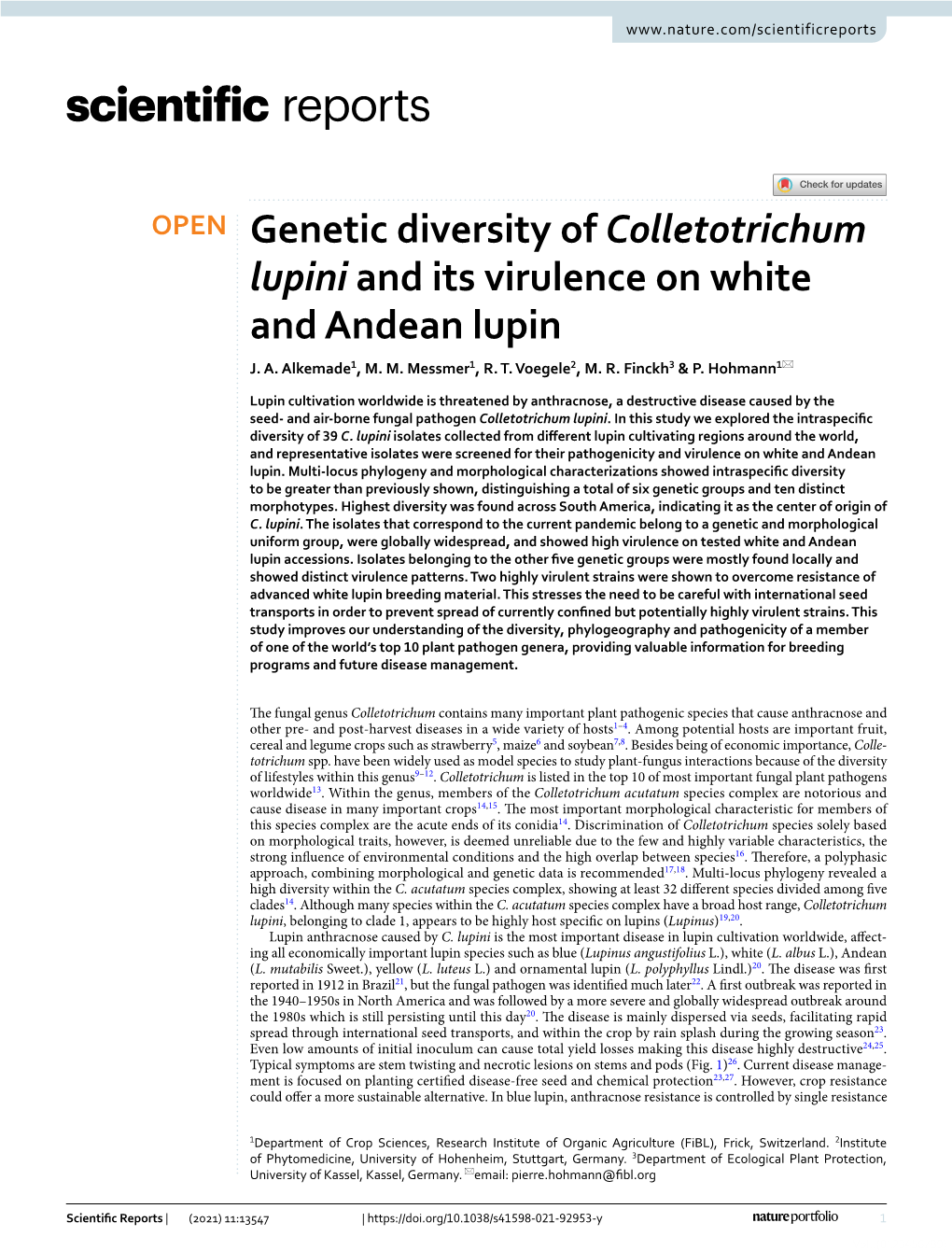 Genetic Diversity of Colletotrichum Lupini and Its Virulence on White and Andean Lupin J