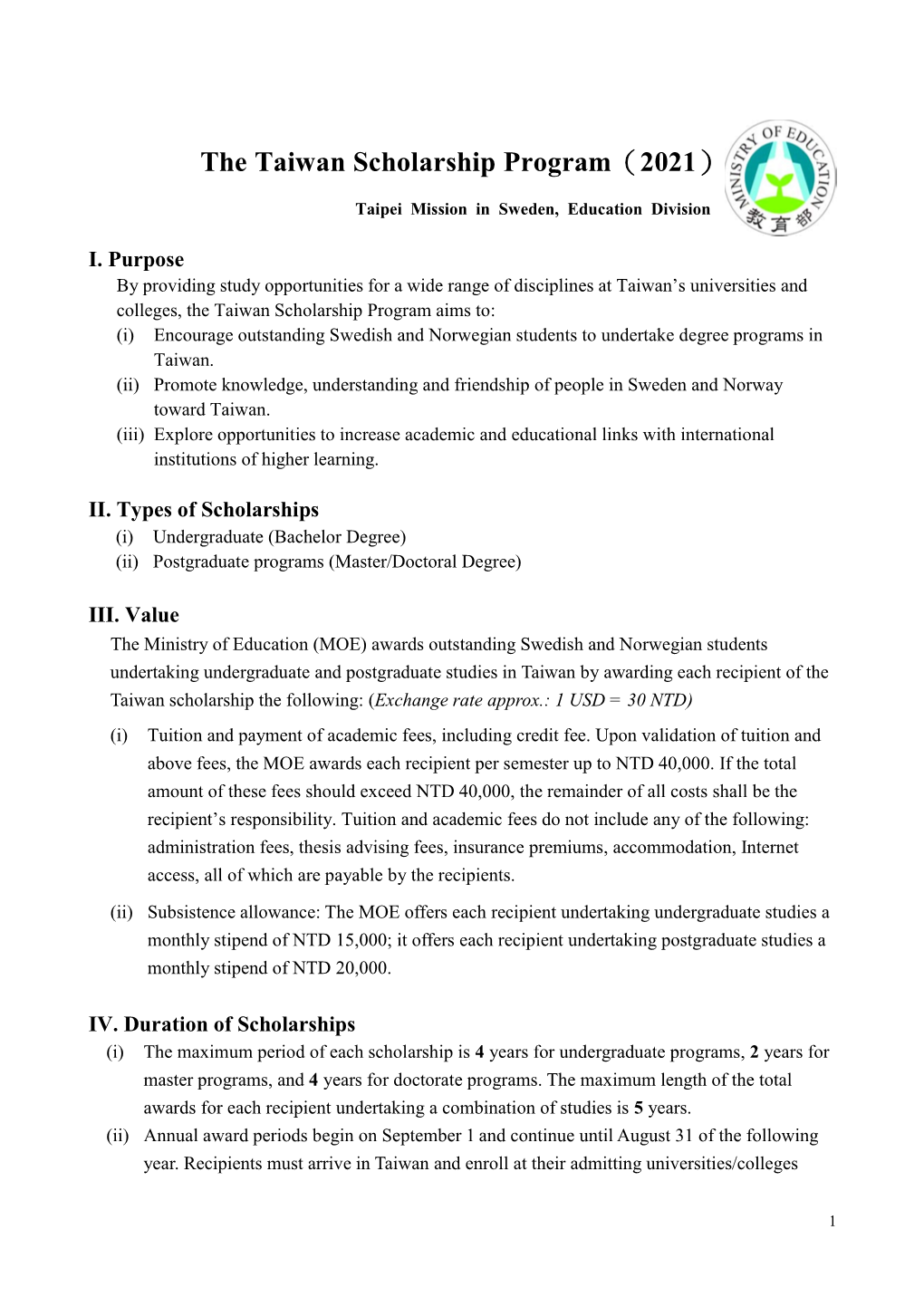 The Taiwan Scholarship Program（2021）