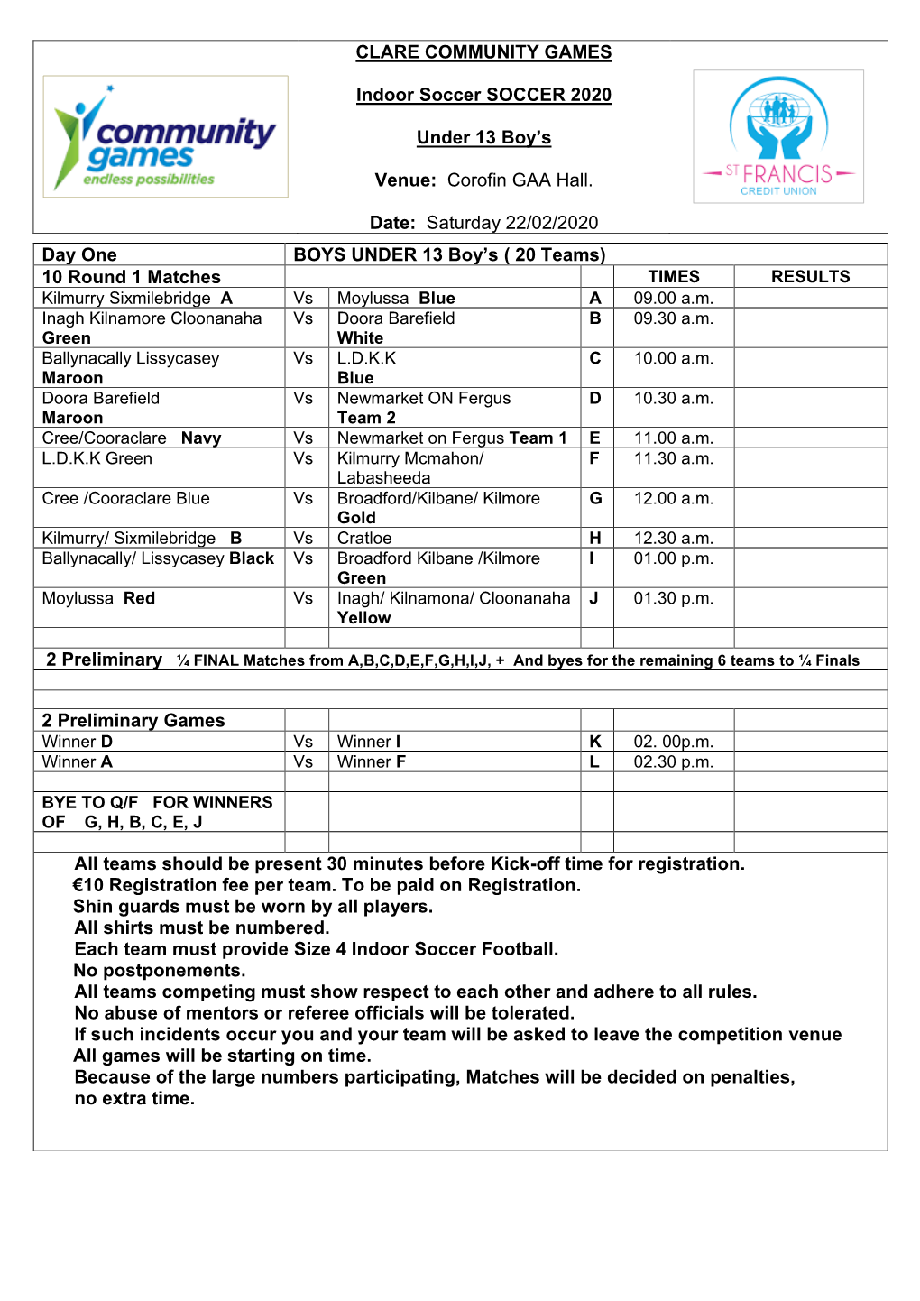 CLARE COMMUNITY GAMES Indoor Soccer SOCCER 2020 Under 13