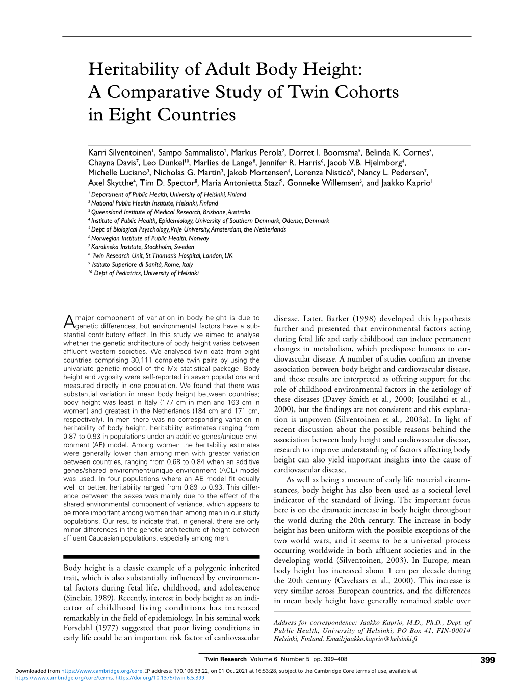 Heritability of Adult Body Height: a Comparative Study of Twin Cohorts in Eight Countries