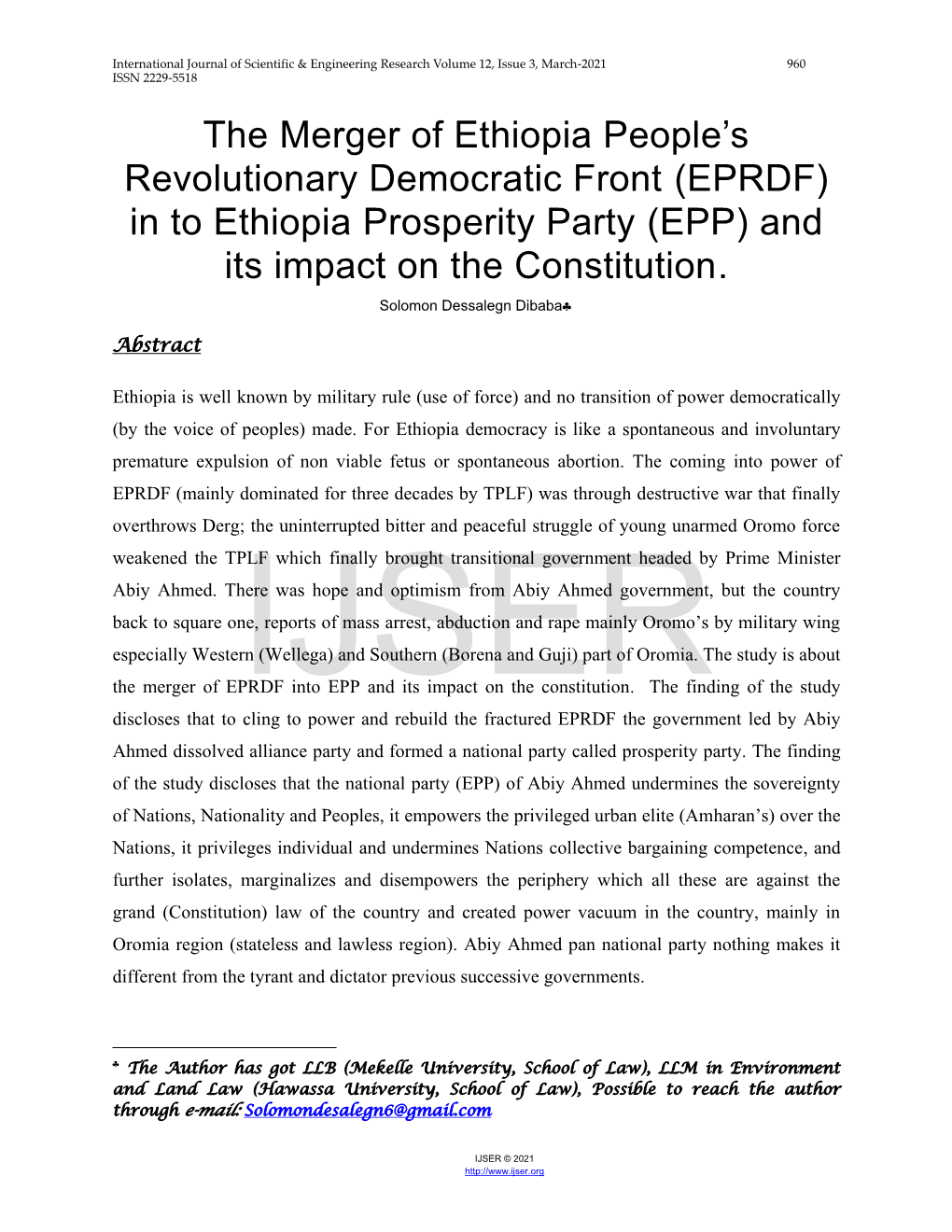 (EPRDF) in to Ethiopia Prosperity Party (EPP) and Its Impact on the Constitution