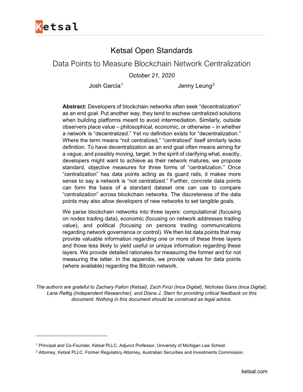 Ketsal Open Standards – Measures of Blockchain Network Centralization