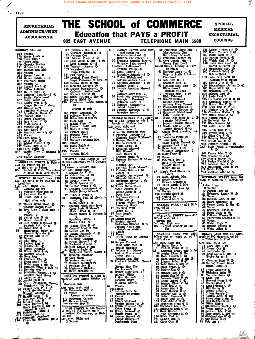 THE SCHOOL of COMMERCE Iffeoical ADEONISTRATIOIT SECRETARIAL ACCOUNTING Education That PAYS a PROFIT 362 EAST AVENUE TELEPHONE MAIN 5530 COURSES