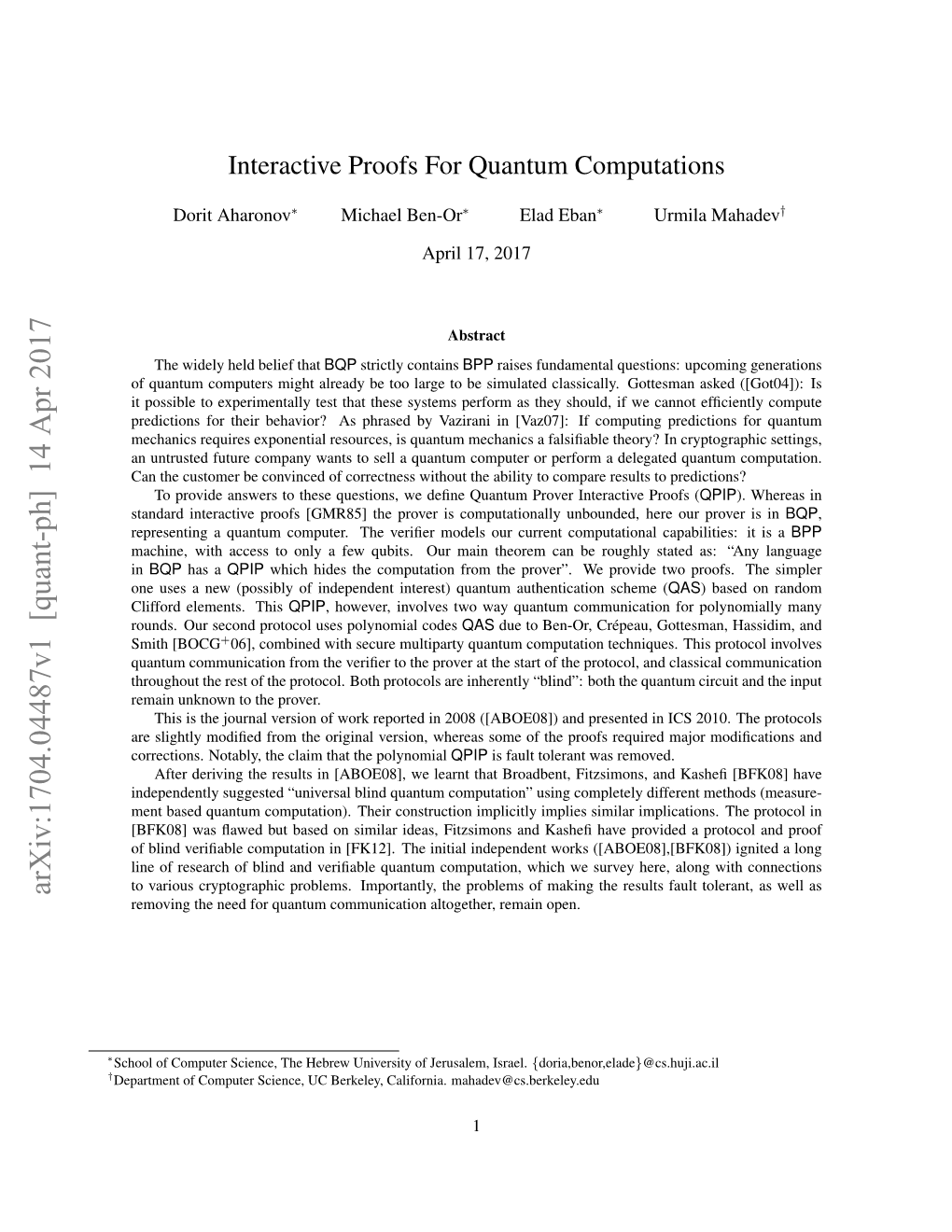 Interactive Proofs for Quantum Computations