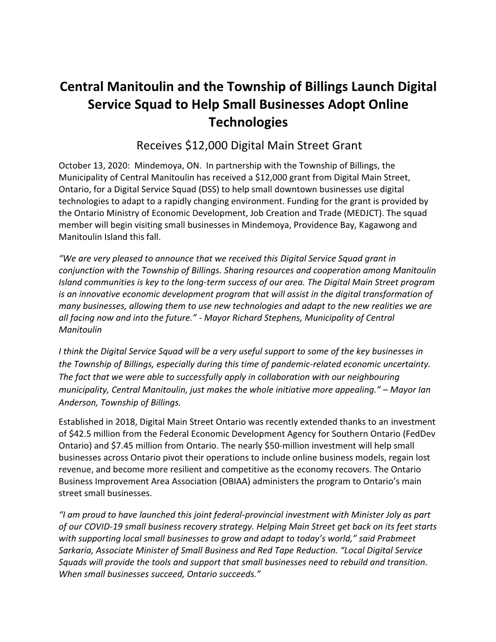 Central Manitoulin and the Township of Billings Launch Digital Service Squad to Help Small Businesses Adopt Online Technologies