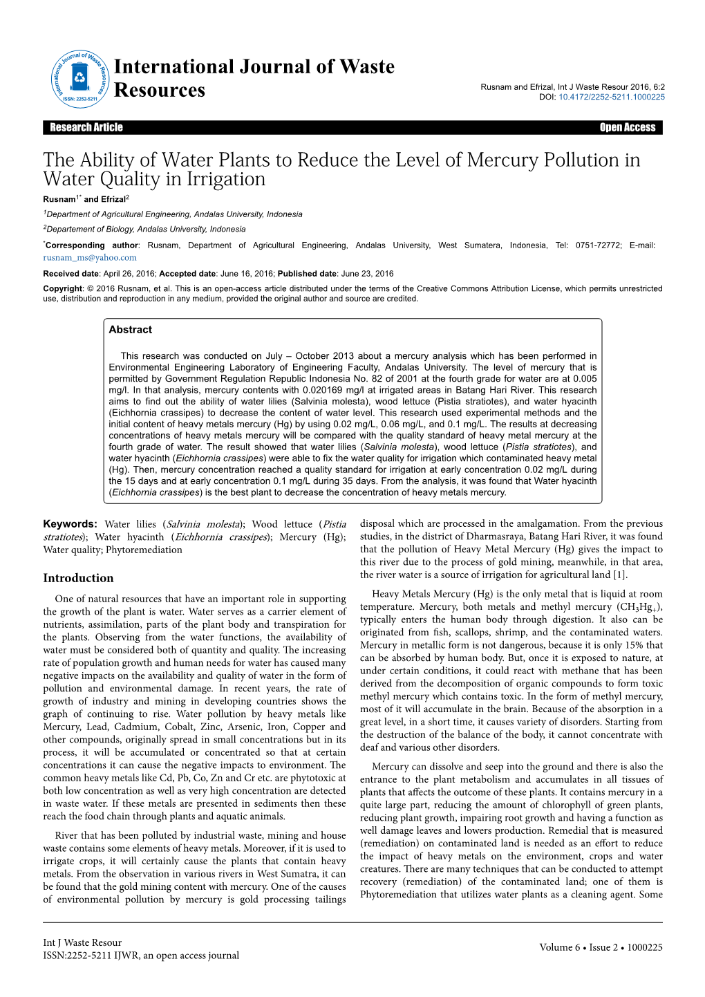 The Ability of Water Plants to Reduce the Level of Mercury Pollution In