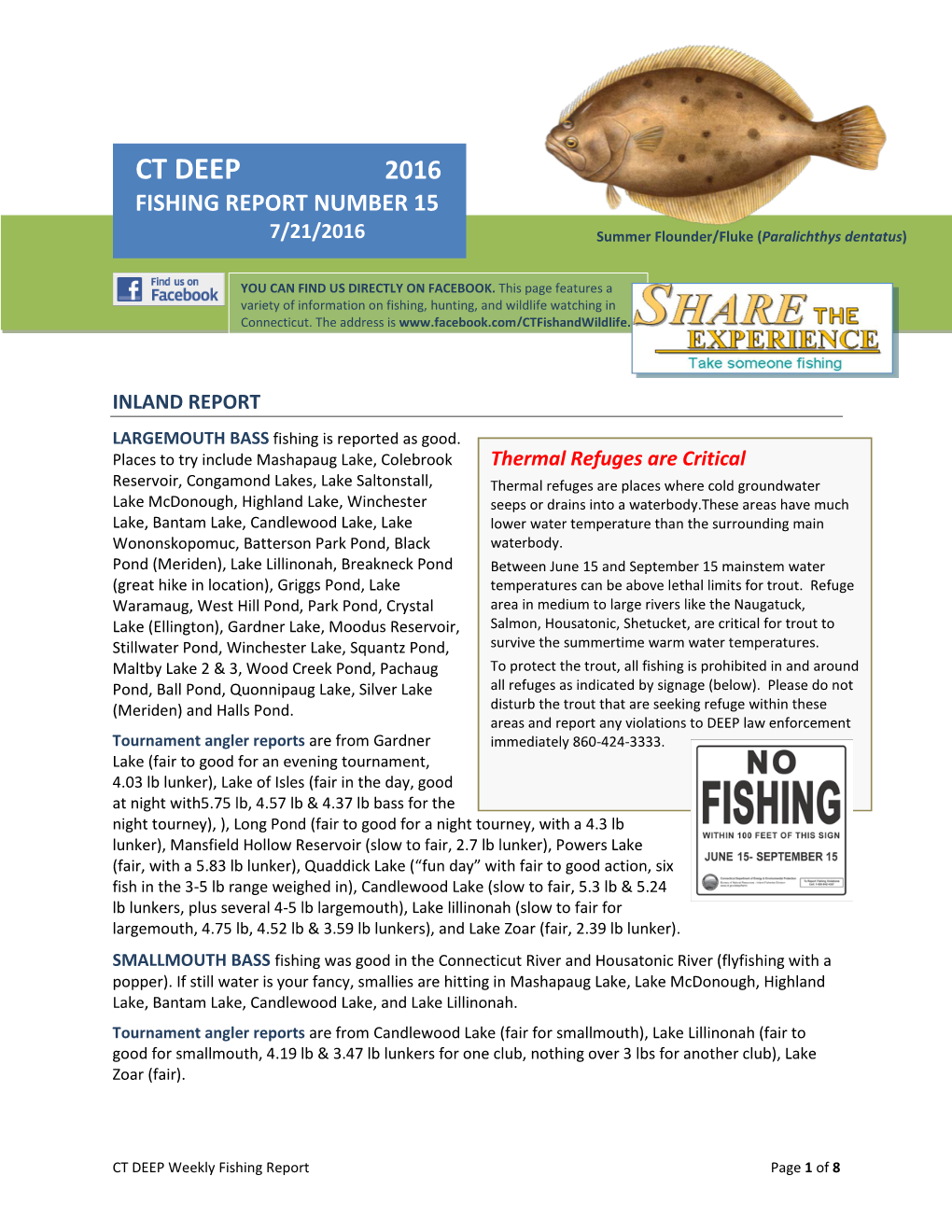 CT DEEP 2016 FISHING REPORT NUMBER 15 7/21/2016 Summer Flounder/Fluke (Paralichthys Dentatus)