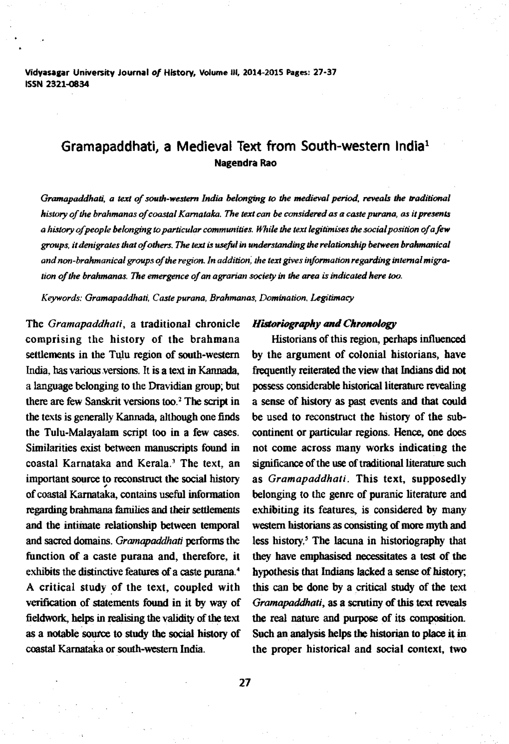 Gramapaddhati, a Medieval Text from South-Western India1 Nagendra Rao