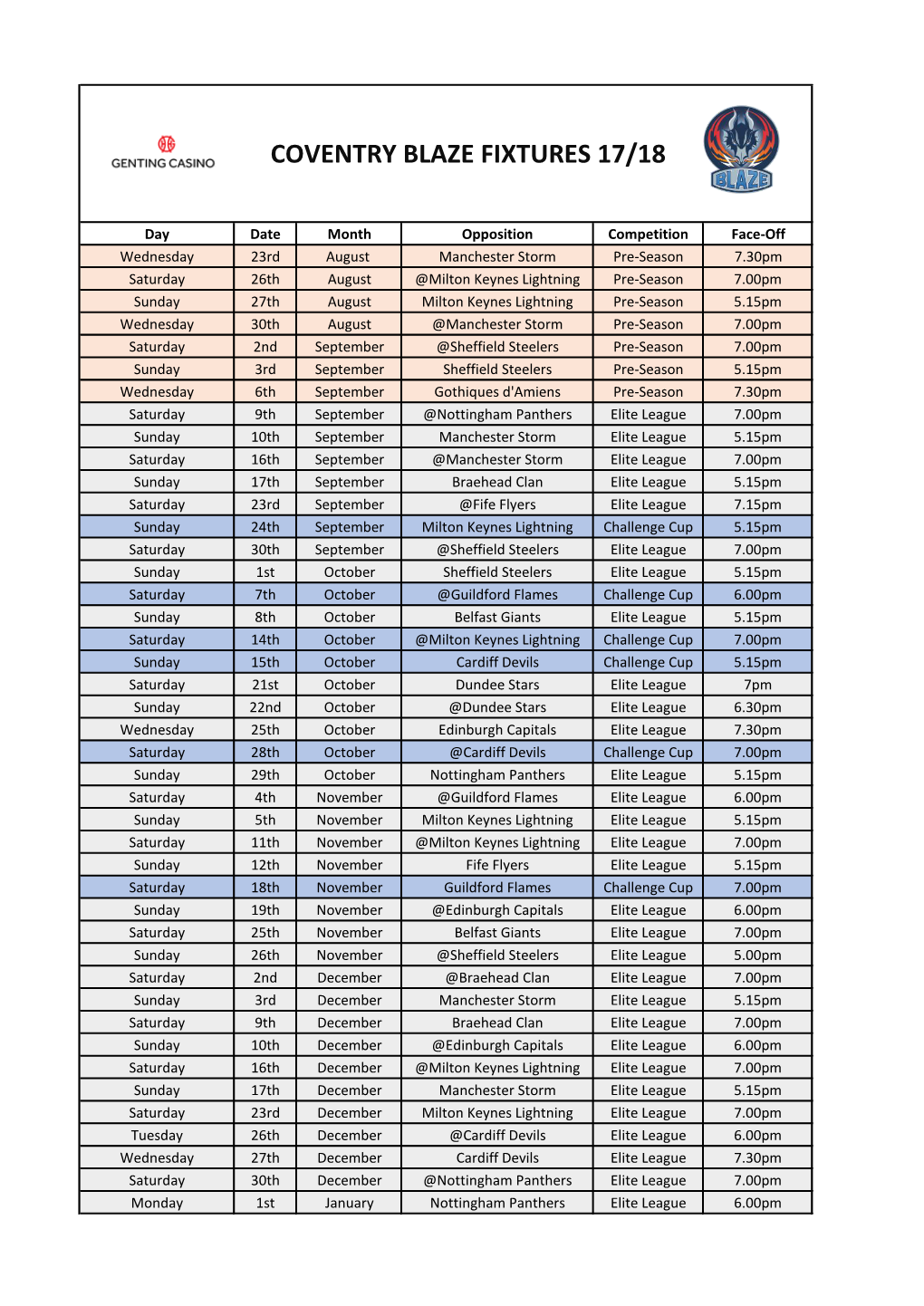 Coventry Blaze Fixtures 17/18