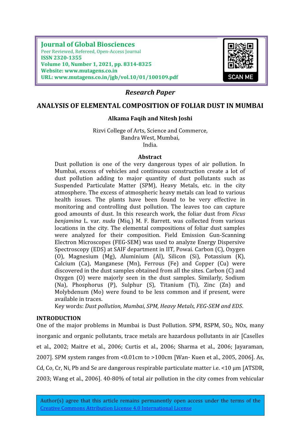 Research Paper ANALYSIS of ELEMENTAL COMPOSITION of FOLIAR DUST in MUMBAI