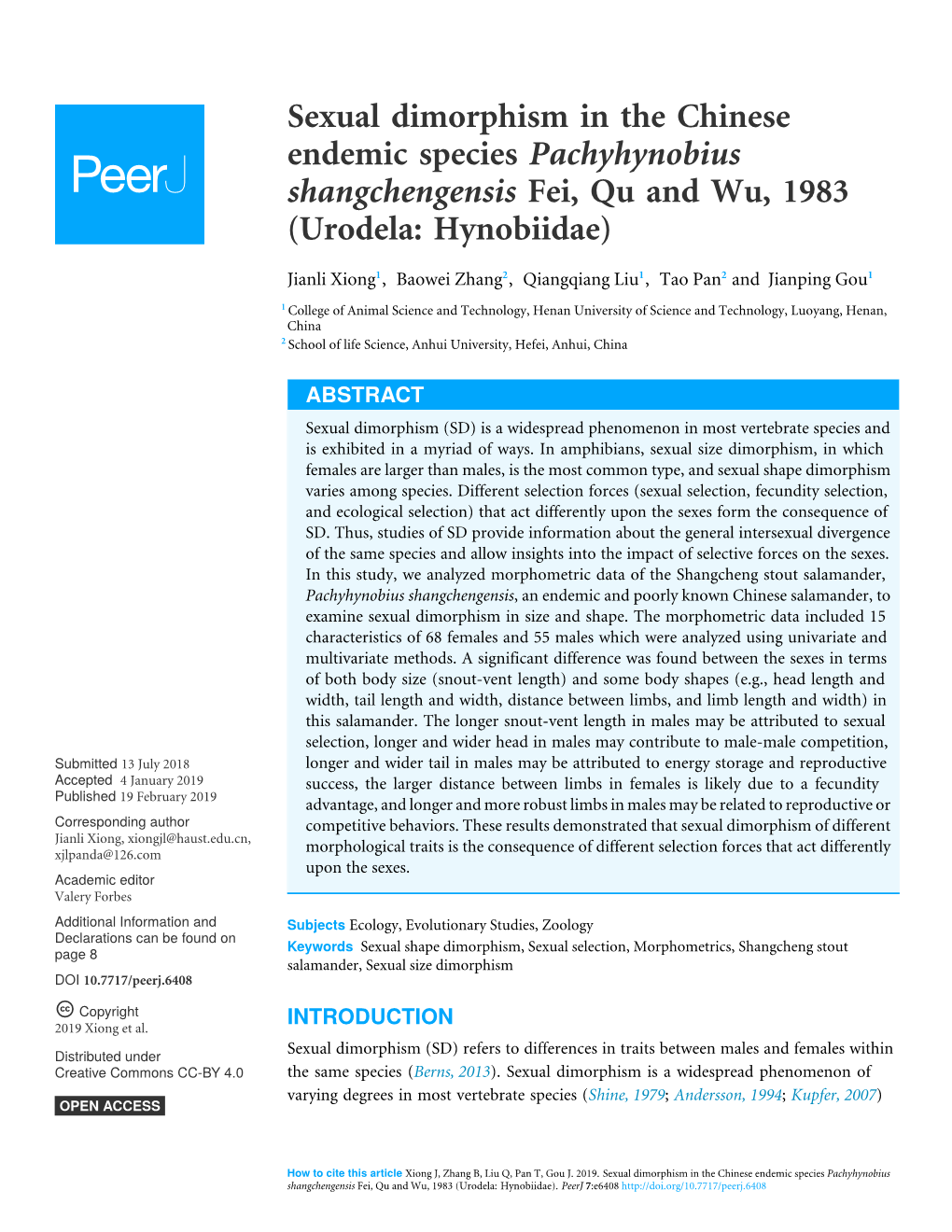 Sexual Dimorphism in the Chinese Endemic Species Pachyhynobius Shangchengensis Fei, Qu and Wu, 1983 (Urodela: Hynobiidae)