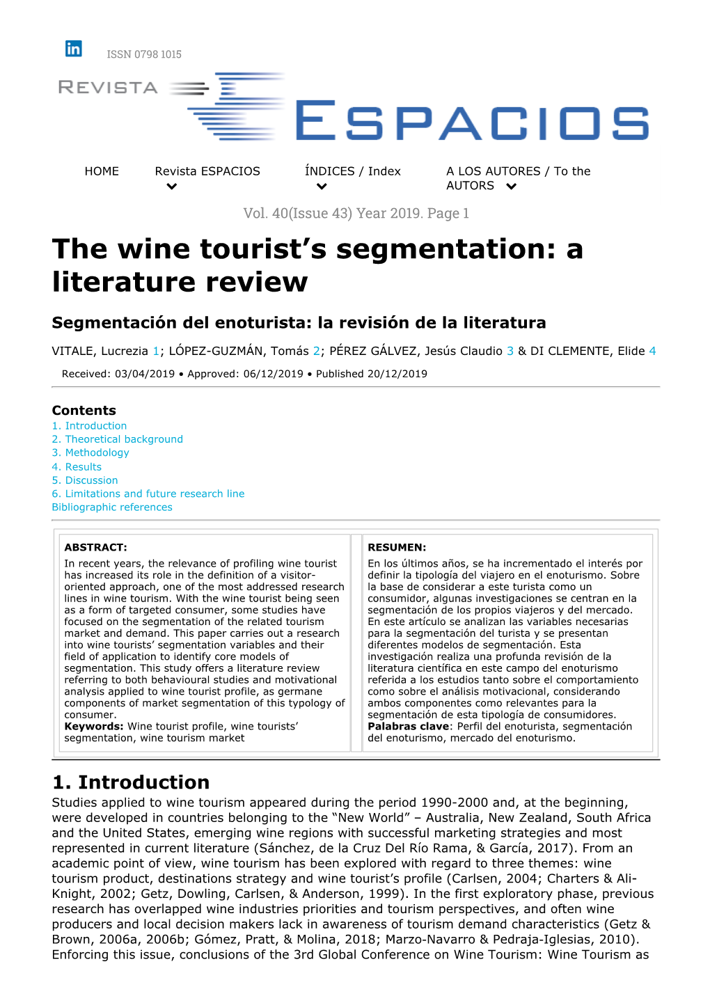 The Wine Tourist's Segmentation: a Literature Review