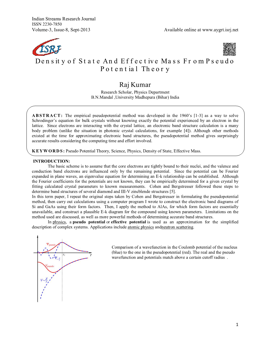 Density of State and Effective Mass from Pseudo Potential Theory Raj