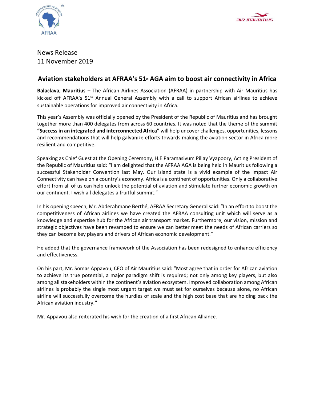 News Release 11 November 2019 Aviation Stakeholders at AFRAA's