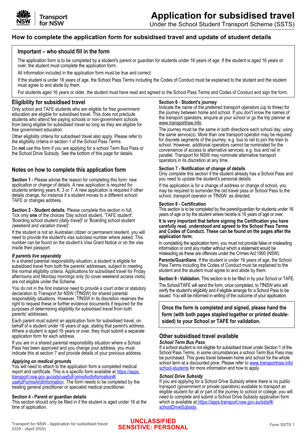 Application for Subsidised Travel Under the School Student Transport Scheme (SSTS)