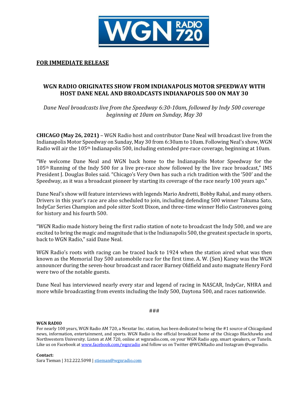 For Immediate Release Wgn Radio Originates Show From