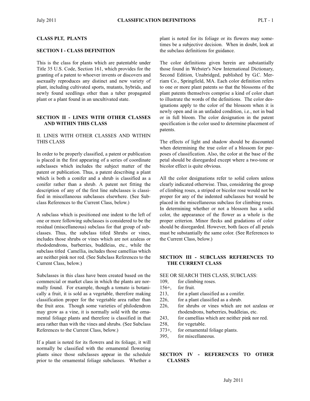 July 2011 CLASSIFICATION DEFINITIONS PLT - 1