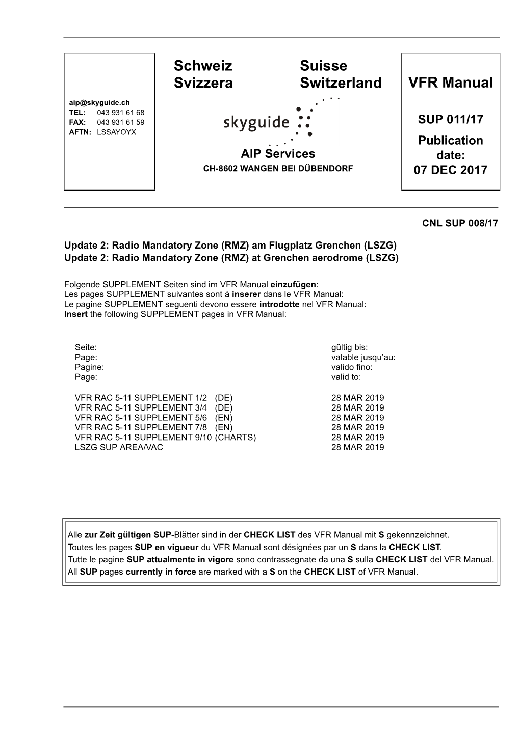 Schweiz Suisse Svizzera Switzerland VFR Manual