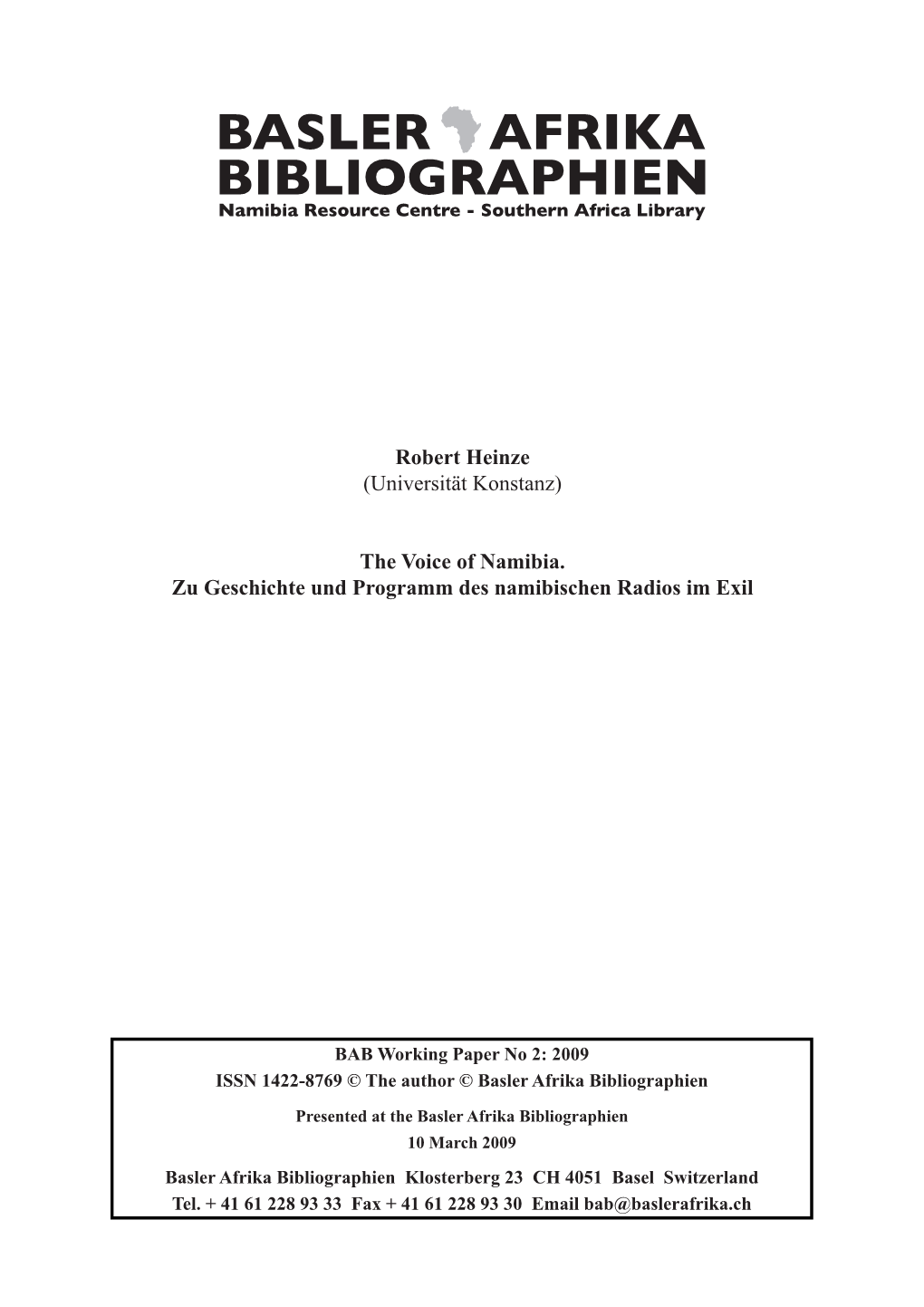 Robert Heinze (Universität Konstanz) the Voice of Namibia. Zu