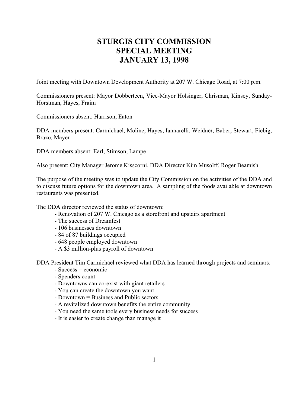 Sturgis City Commission Special Meeting January 13, 1998