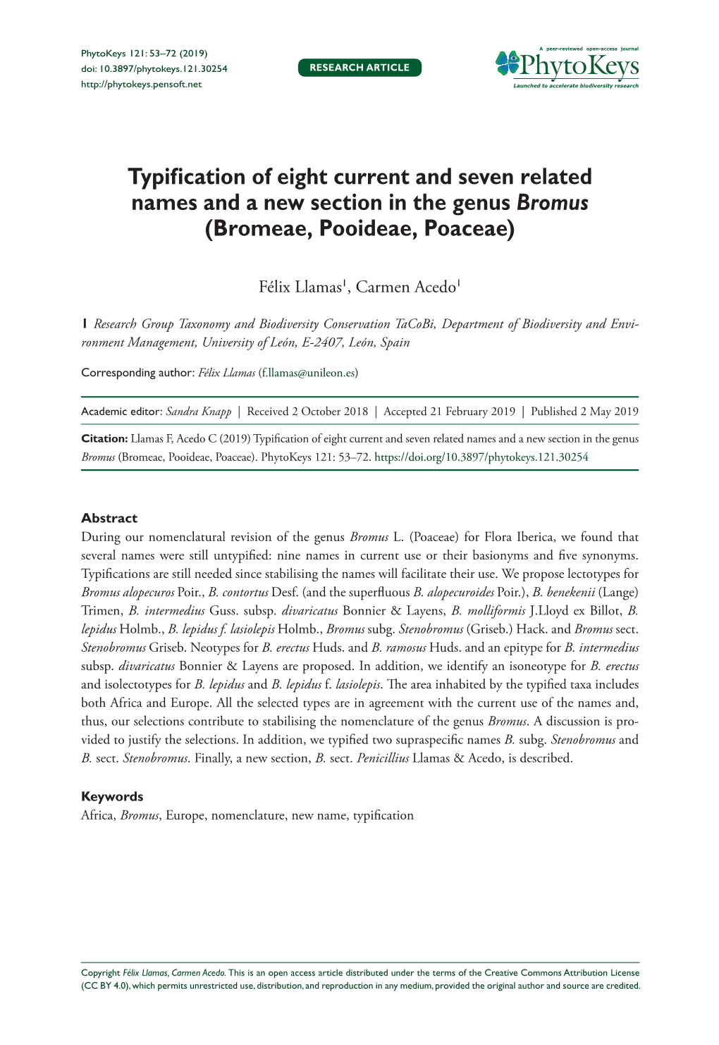 Typification of Eight Current and Seven Related Names and a New Section in the Genus Bromus (Bromeae, Pooideae, Poaceae)