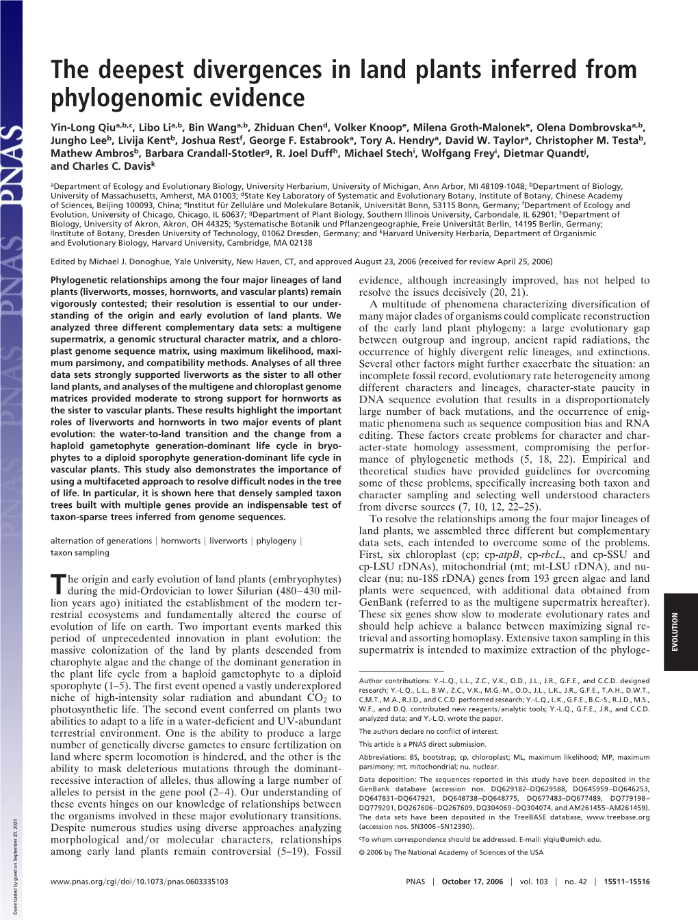 The Deepest Divergences in Land Plants Inferred from Phylogenomic Evidence